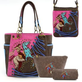 Classic Western Horse Embroidered Tote Bag 4-Piece Purse Set