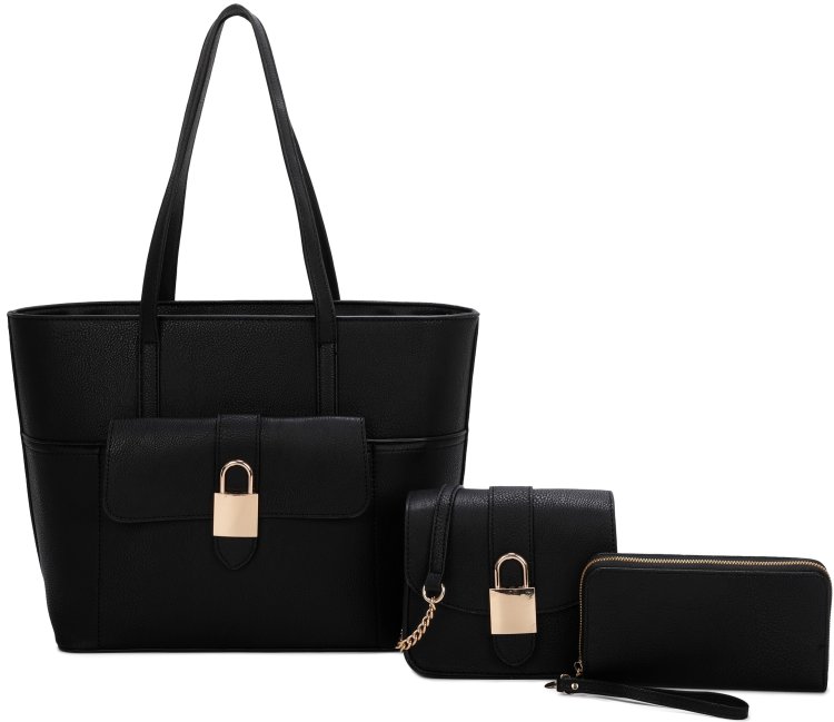 Black 3-Piece Key Lock Tote Bag With Crossbody And Wallet Set