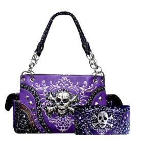 Purple Western Concealed Carry Skull Embroidery Purse & Wallet Set