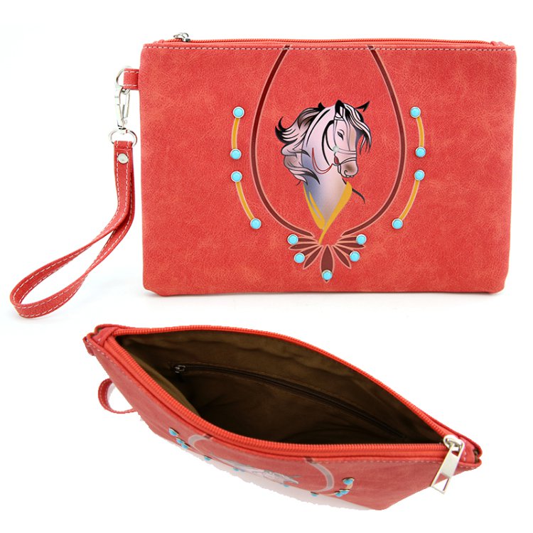 Coral Western Coin Purse Wallet Pouch Makeup Bag