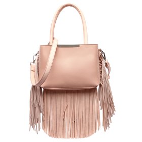 Light Pink Solid All Over Fringe Satchel Handbag