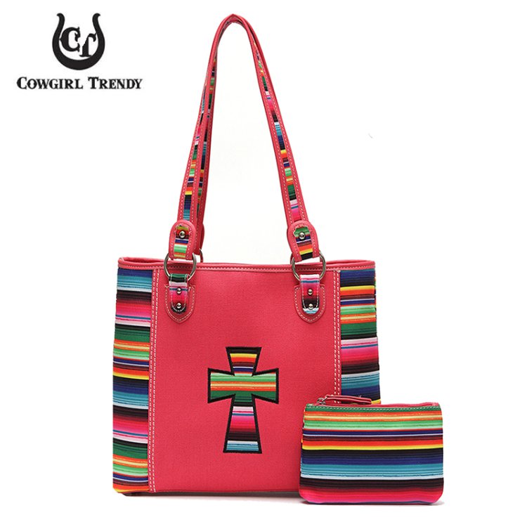 Coral Western Multi Stripe Cross Hobo Purse & Wallet Set