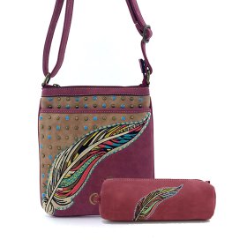 Classic Western Feather Embroider Crossbody Purse and Wallet
