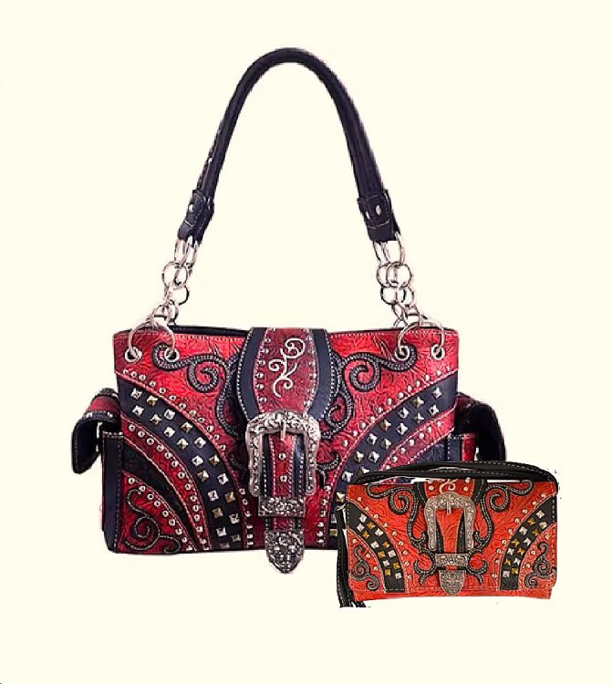 Red Rhinestone Rivet Buckle Concealed Carry Purse & Wallet Set