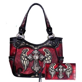 Red Western Cross Embroidery Concealed Carry Purse & Wallet Set