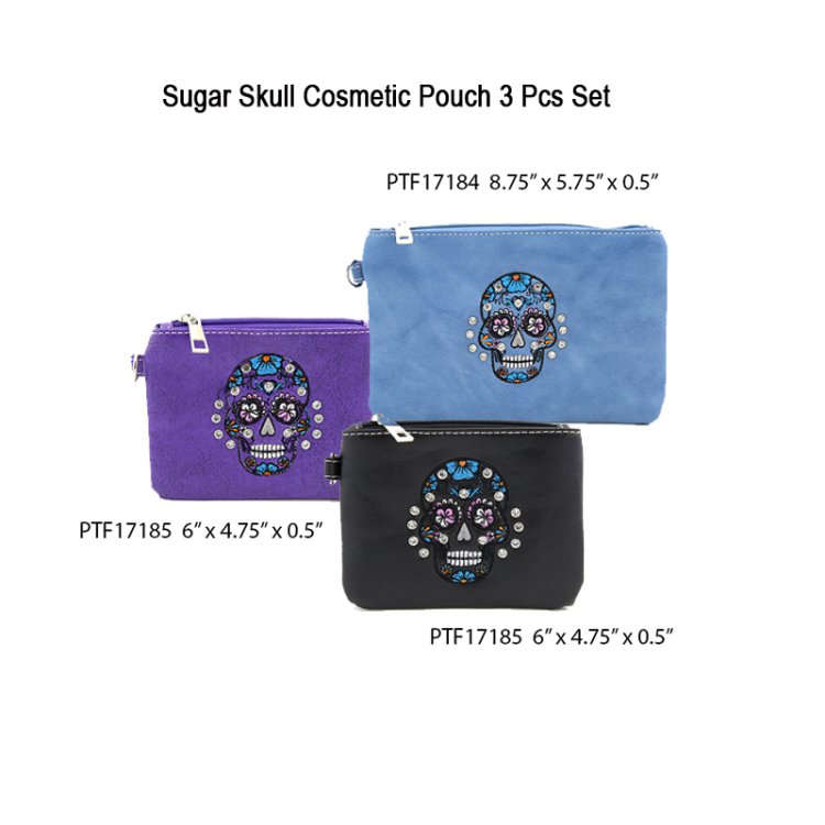 Assorted Color Sugar Skull Cosmetic Pouch 3 Pcs Set