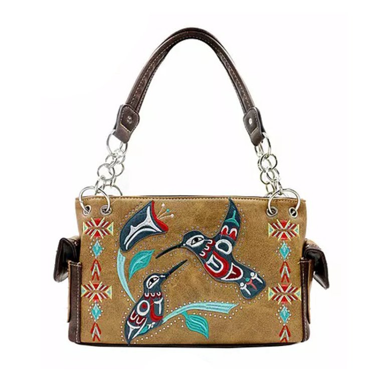 Tan Hummingbird Embroidery Concealed Carry Handbag