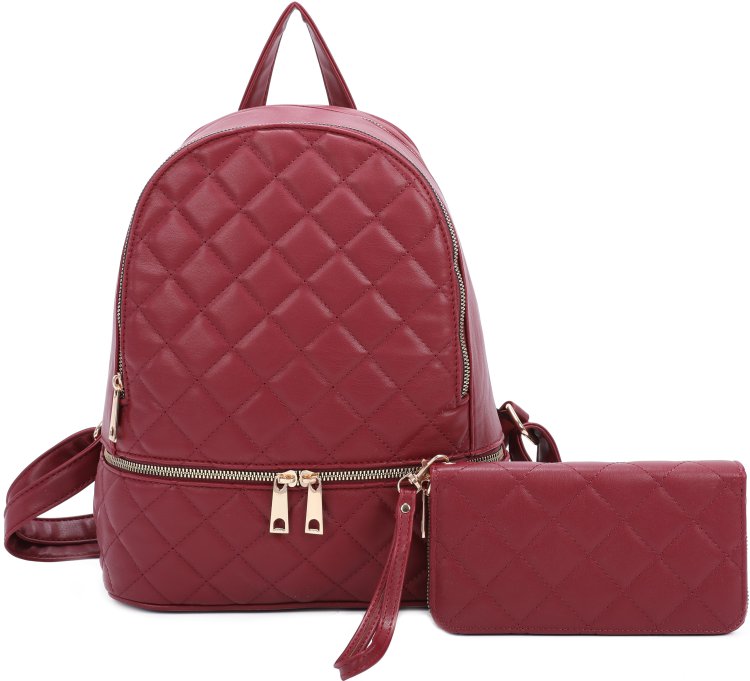 Burgundy Quilted Style Backpack & Wallet Set