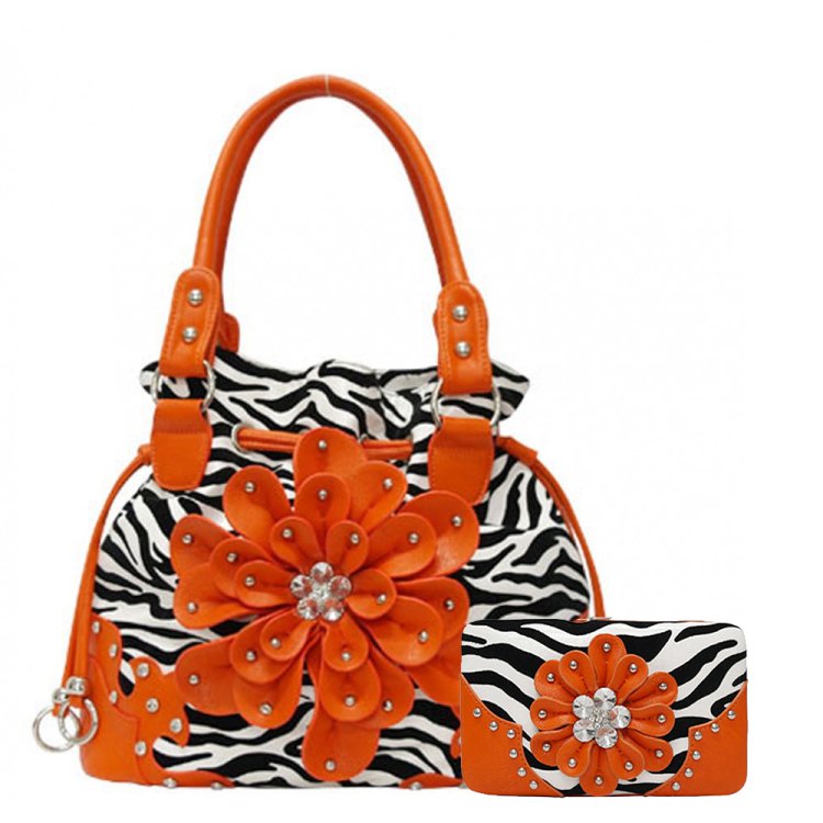 Orange Zebra Print W/Flower Fashion Purse & Wallet Set
