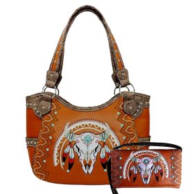Brown Western Concealed Carry Purse And Wallet Set With Steer Head Embroidery