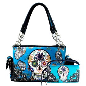 TURQUOISE WESTERN CONCEALED CARRY PURSE AND WALLET SET WITH SKULL EMBROIDERY