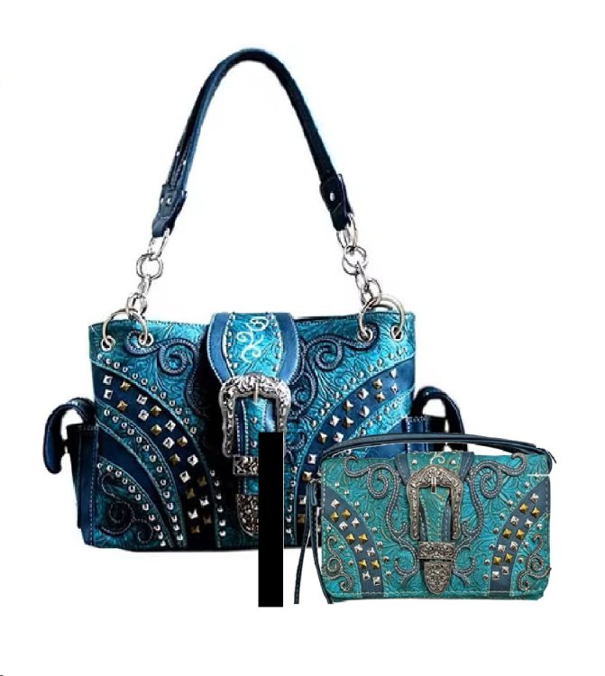 Turq Rhinestone Rivet Buckle Concealed Carry Purse & Wallet Set