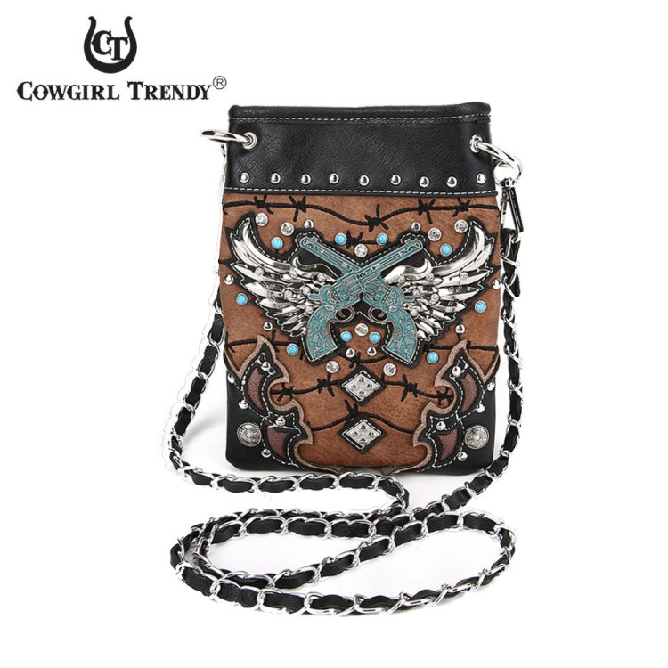 Brown Winged Guns On Barbed Wire Mini Crossbody Purse