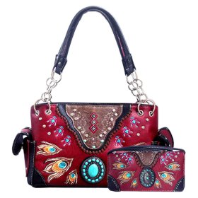 Red Western Concealed Carry Purse & Wallet Set With Peacock Feather Embroidery