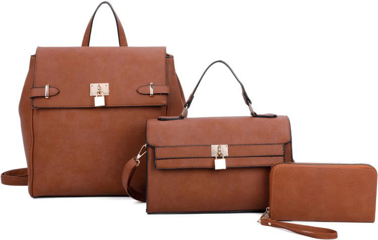 Brown 3-Piece Elegant Backpack Long Messenger Set With Lock