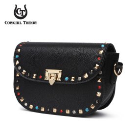 Black Solid Flap Color-Stones & Studs Crossbody Purse
