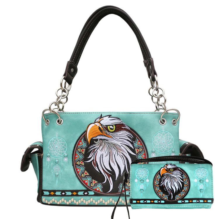 Teal Western Concealed Carry Purse And Wallet Set With Eagle Embroidery