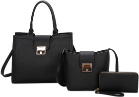 BLACK 3-Piece TEXTURED SATCHEL BAG WITH CROSSBODY AND WALLET SET