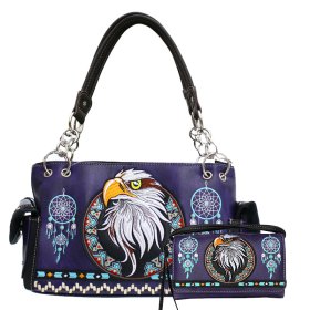 Purple Western Concealed Carry Purse And Wallet Set With Eagle Embroidery