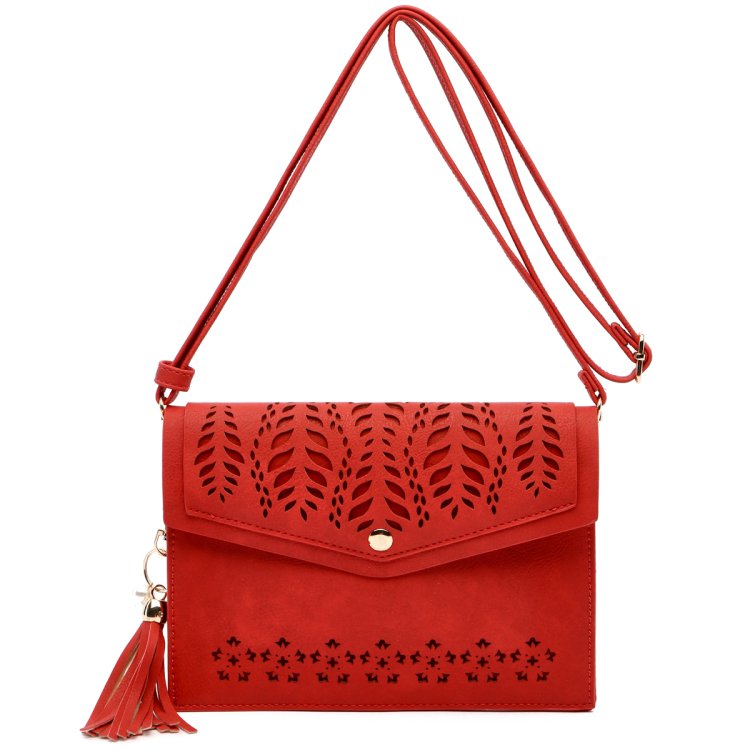 Red Laser Cut Embo Flap Over Crossbody Purse
