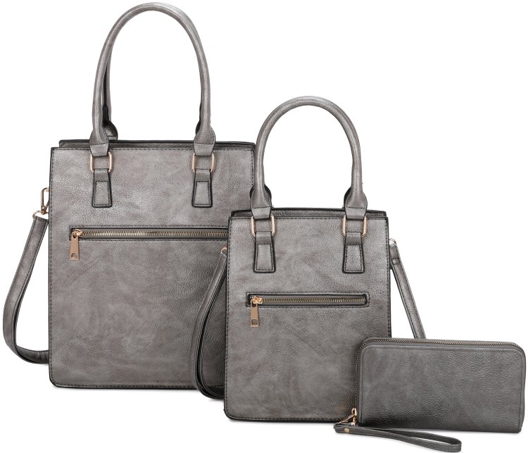 Pewter Smooth Textured 3-Piece Purse Set With Messenger