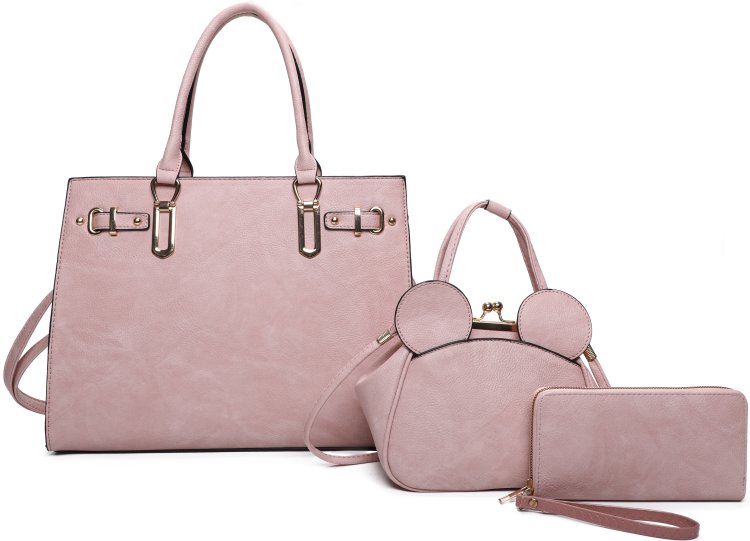 Pink 3-Piece Smooth Plain Tote Bag With Mini Bag And Clutch Set