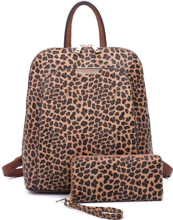 Brown Leopard Backpack With Matching Wallet Set