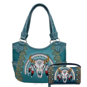 Teal Western Concealed Carry Purse And Wallet Set With Steer Head Embroidery