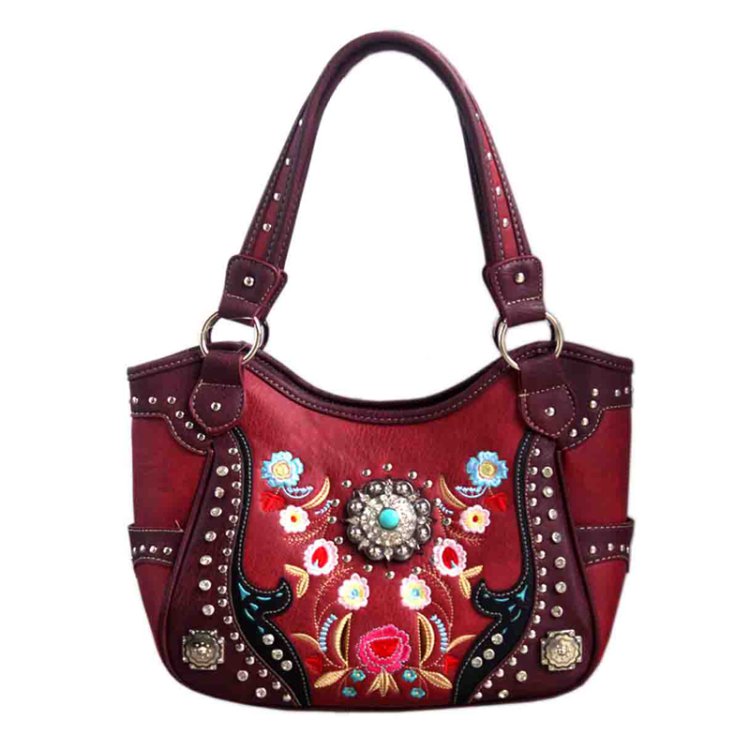 Red Western Concealed Carry Purse And Wallet Set With Concho Embroidery