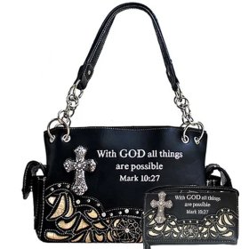 Black Western Concealed Carry Purse And Wallet Set With Bible Verse Embroidery