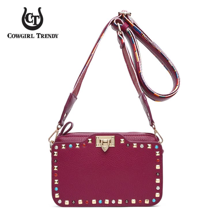 Violet-Red Solid Flap Color-Stones & Studs Makeup Purse/Case.