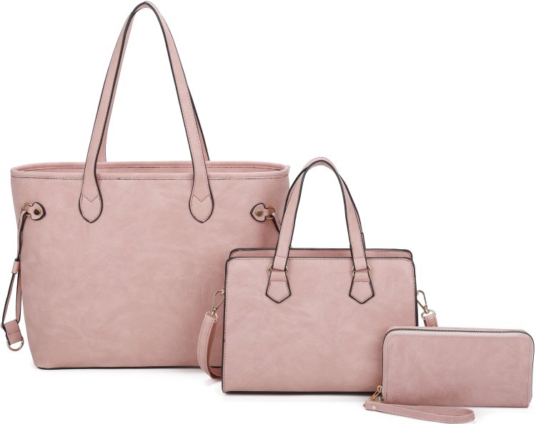Pink 3-Piece Plain Tote Bag With Bag And Wallet Set