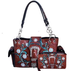 Brown Western Concealed Carry Purse And Wallet Set With Buckle Flower Embroidery