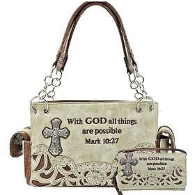 Beige Western Concealed Carry Purse And Wallet Set With Bible Verse Embroidery