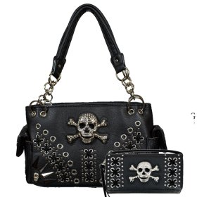 Black Western Concealed Carry Purse And Wallet Set With Skull Embroidery