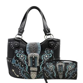 Black Premium Buckle Embroidery Concealed Carry Purse & Wallet Set