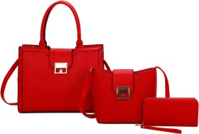 RED 3-Piece TEXTURED SATCHEL BAG WITH CROSSBODY AND WALLET SET