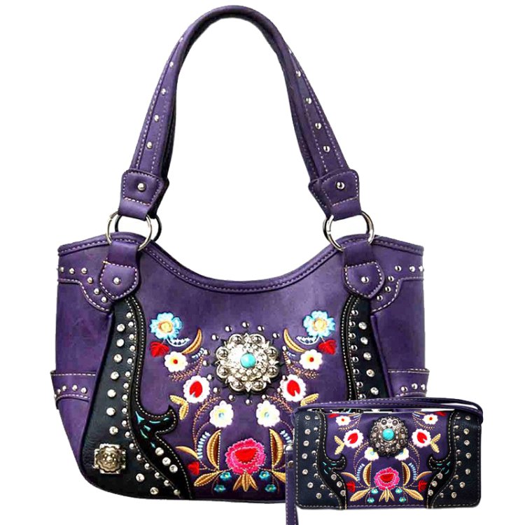 Purple Western Concealed Carry Purse And Wallet Set With Concho Embroidery