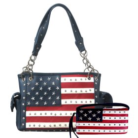Navy Western Concealed Carry Purse And Wallet Set With Flag Embroidery