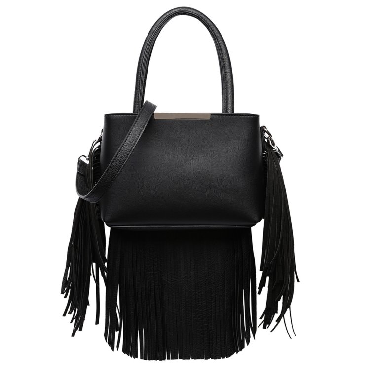 Black Solid All Over Fringe Satchel Handbag