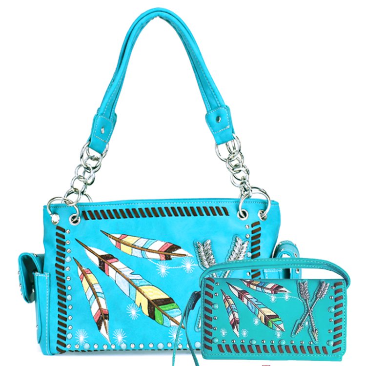 Turquoise Western Concealed Carry Purse And Wallet Set With Feather Embroidery
