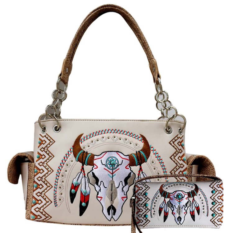 Beige Western Concealed Carry Purse And Wallet Set With Steer Head Embroidery