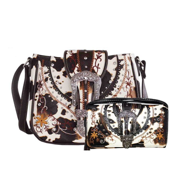 Brown Concealed Carry Crossbody W/ Cow-Print Purse & Wallet Set
