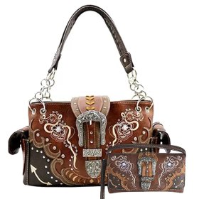 Brown Premium Buckle Embroidery Concealed Carry Purse & Wallet Set