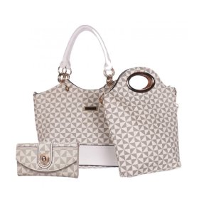 White 3 IN 1 Signature Inspired Fashion Handbag Set - F886