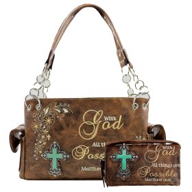Brown Western Concealed Carry Purse And Wallet Set With Bible Verse Embroidery