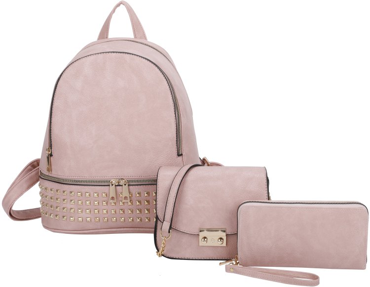 Pink 3-Piece Fashion Smooth Backpack With Matching Bags And Wallet