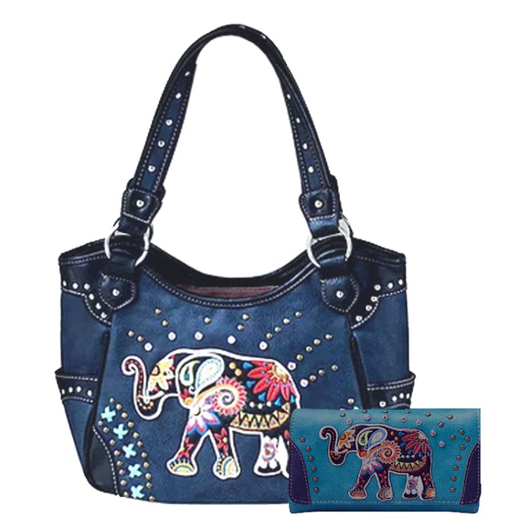 Turquoise Western Concealed Carry Purse And Wallet Set With Elephant Embroidery
