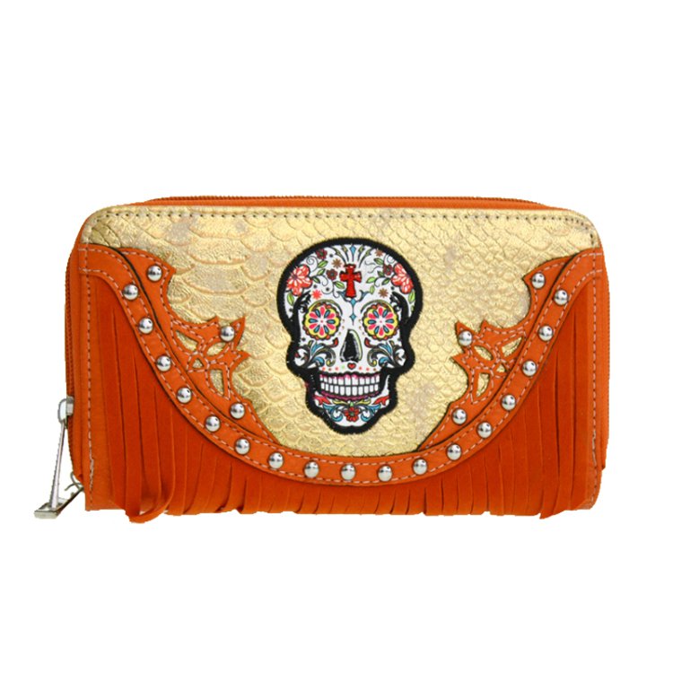 Coral Sugar Skull Cross Clutch Day Of The Dead Wristlet