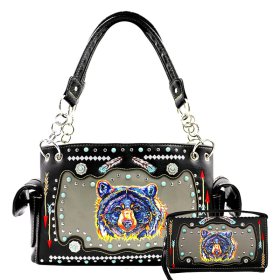 Black Western Concealed Carry Purse And Wallet Set With Bear Embroidery